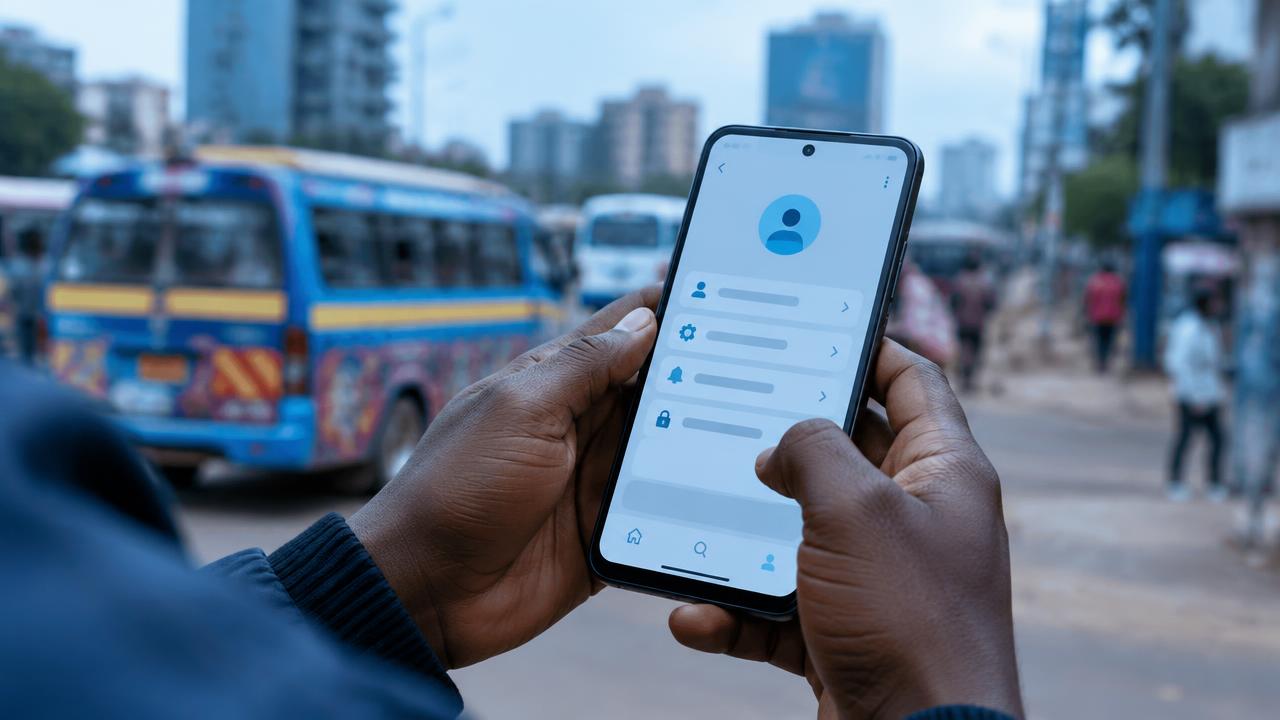 Hands holding a phone showing a profile settings screen on a busy street