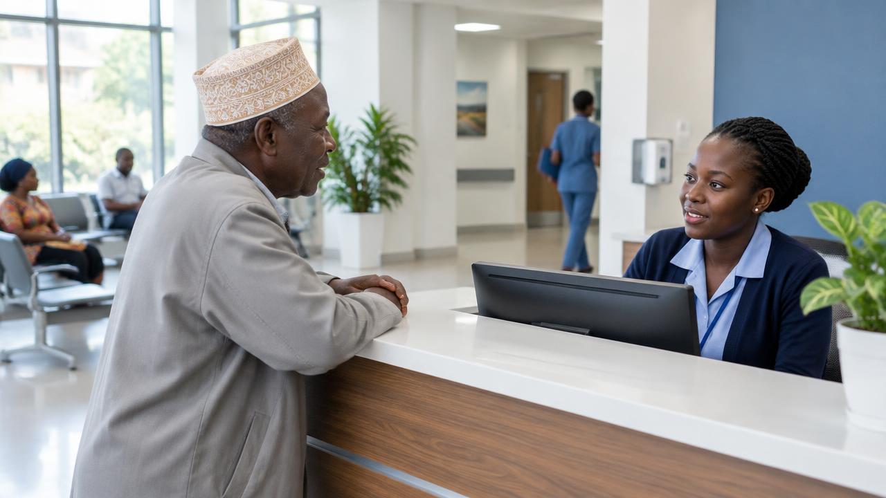 An older man talking with a receptionist at a hospital front desk