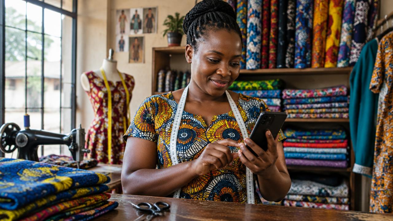 A tailor in her fabric shop checking a payment on her phone