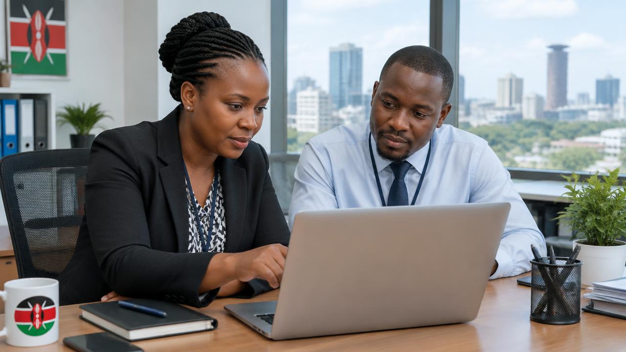 Two colleagues reviewing records on a laptop in an office