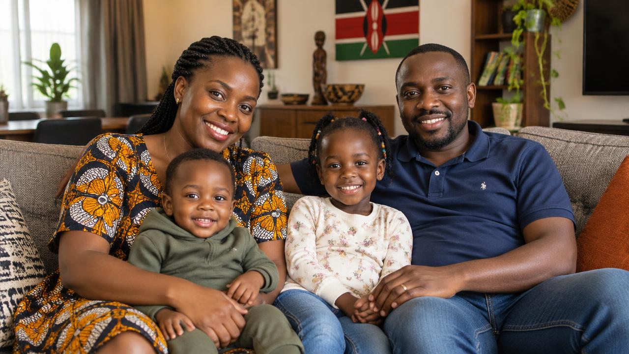 A mother, father and two young children smiling on a sofa at home