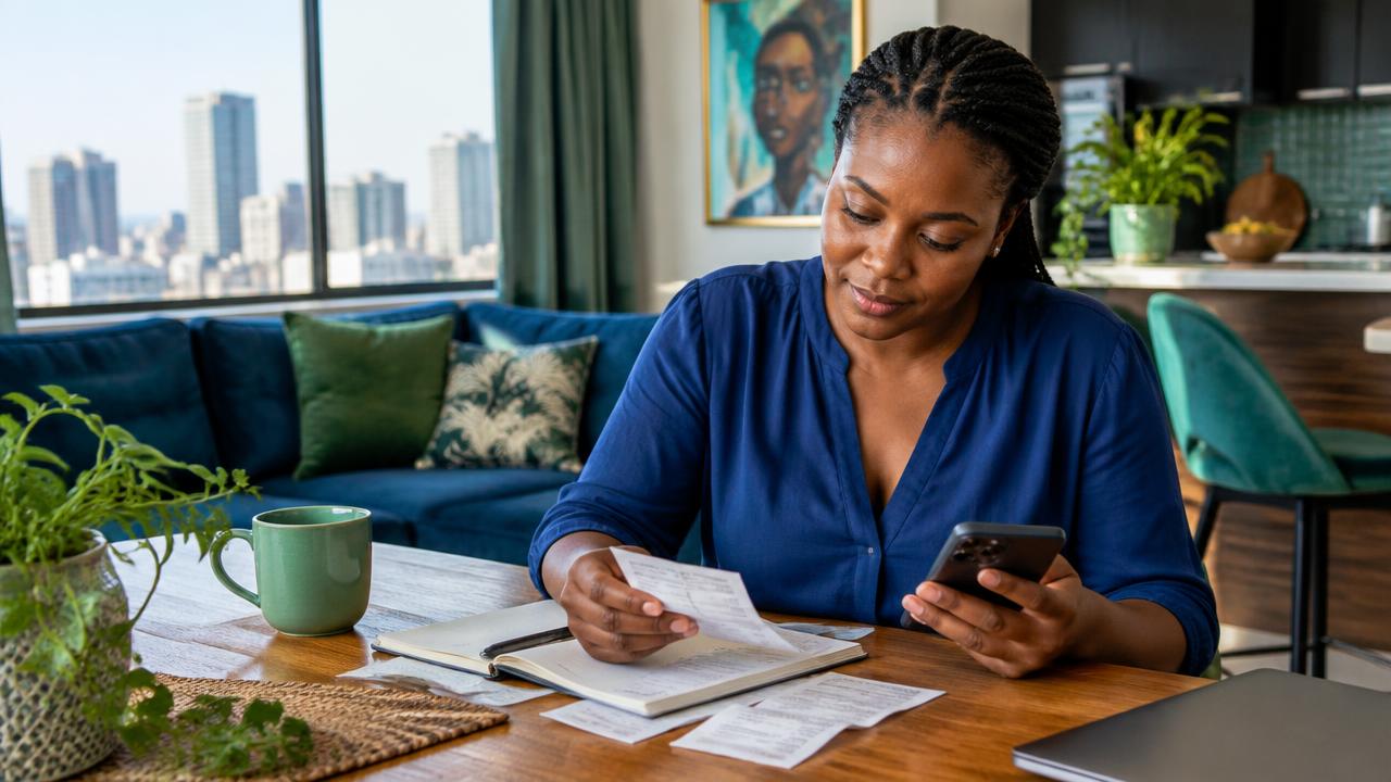 A woman at her kitchen table reviewing household papers and her phone