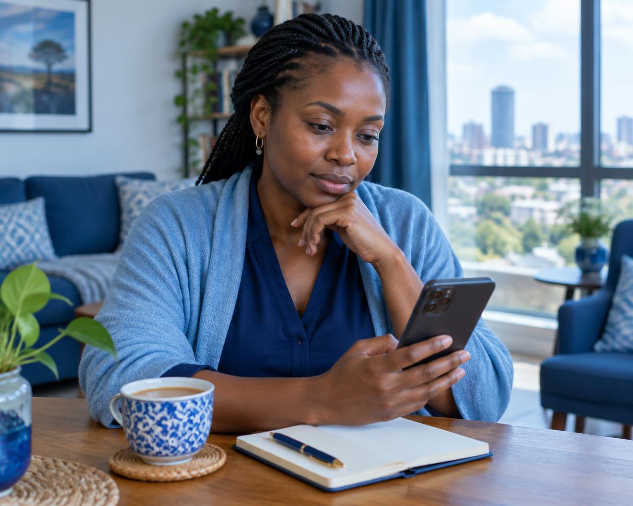 Kenyan woman at home reviewing her SHA premium on her phone